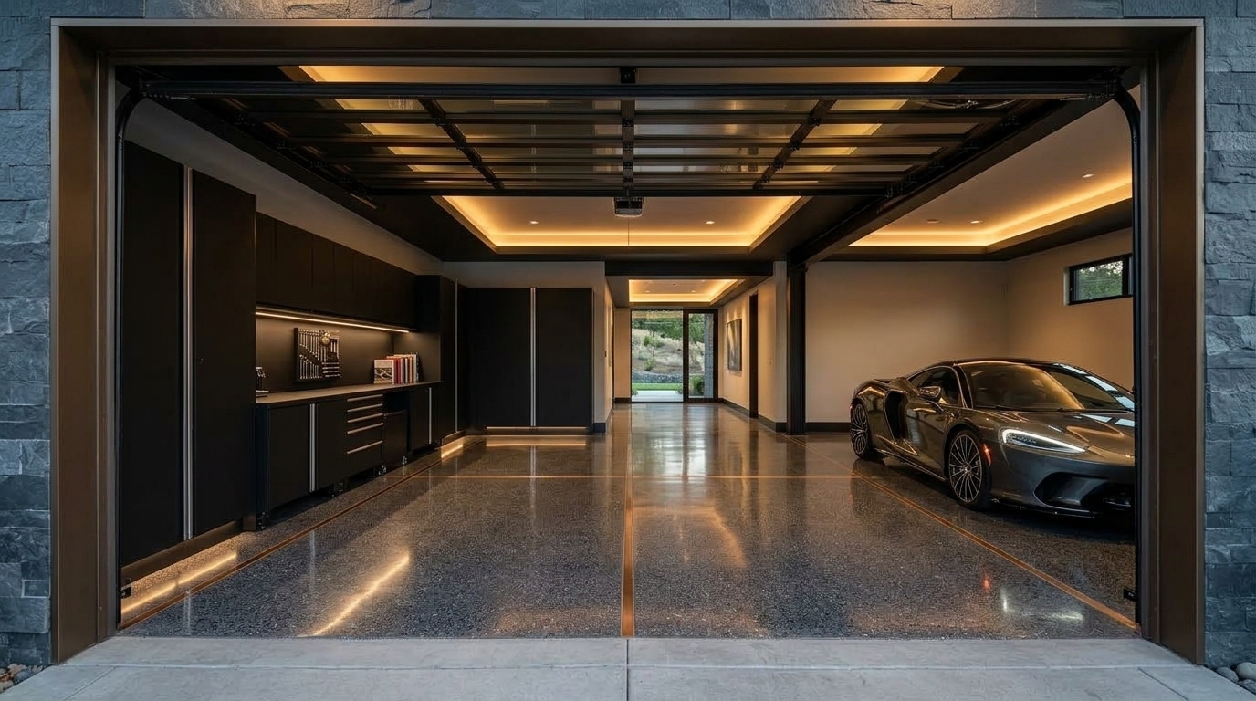 Roseville Garage Door Service Interior View of Custom Garage Door Overhead and Workshop